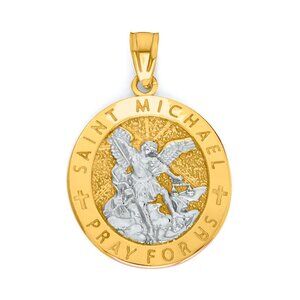 Solid 14k Two Tone Gold Saint Michael Pendant - Religious Jewelry Gifts for Men
